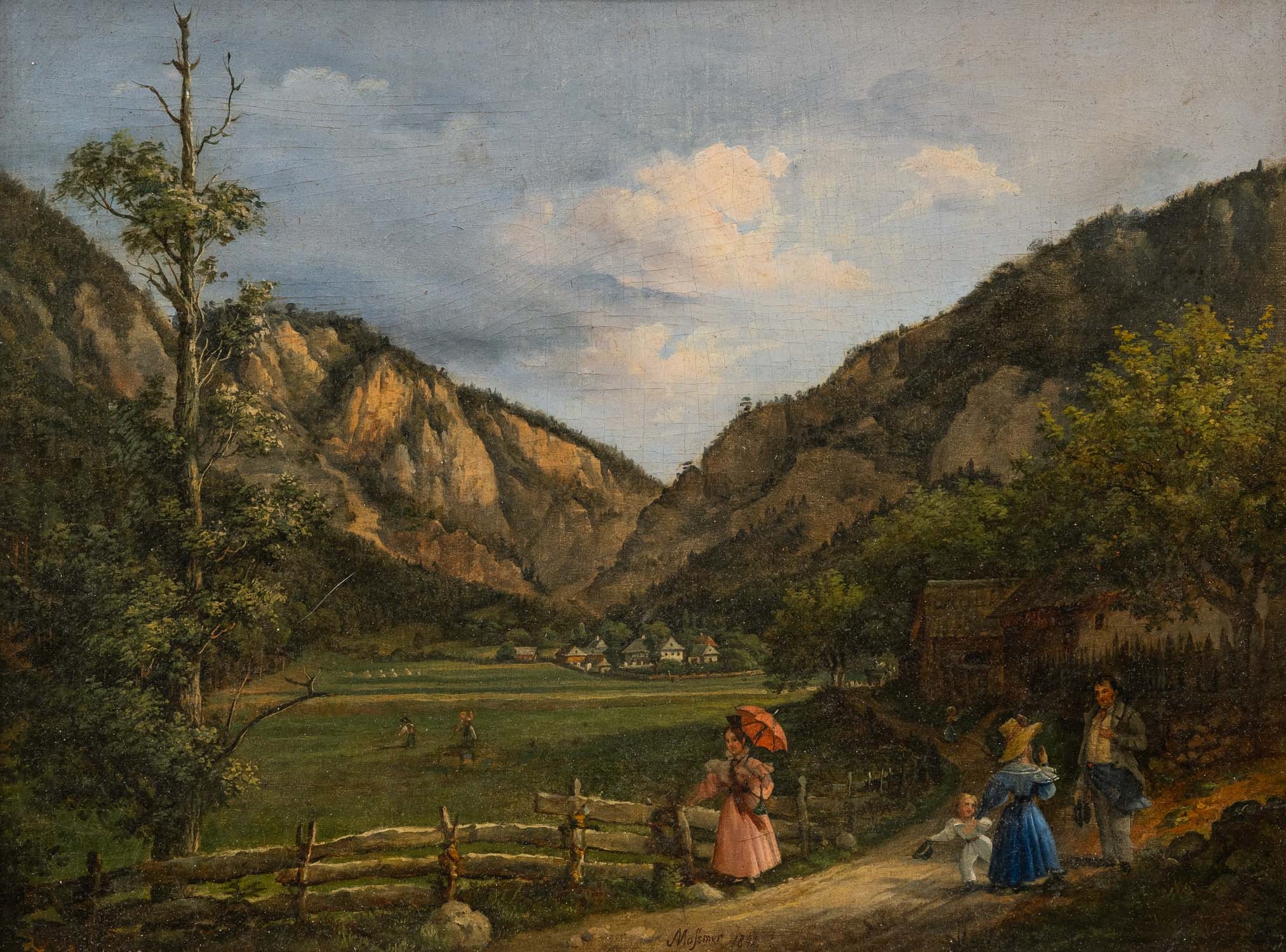 Artwork by Joseph Moessmer, landscape with peasants in Lower Austria, Made of oil on board