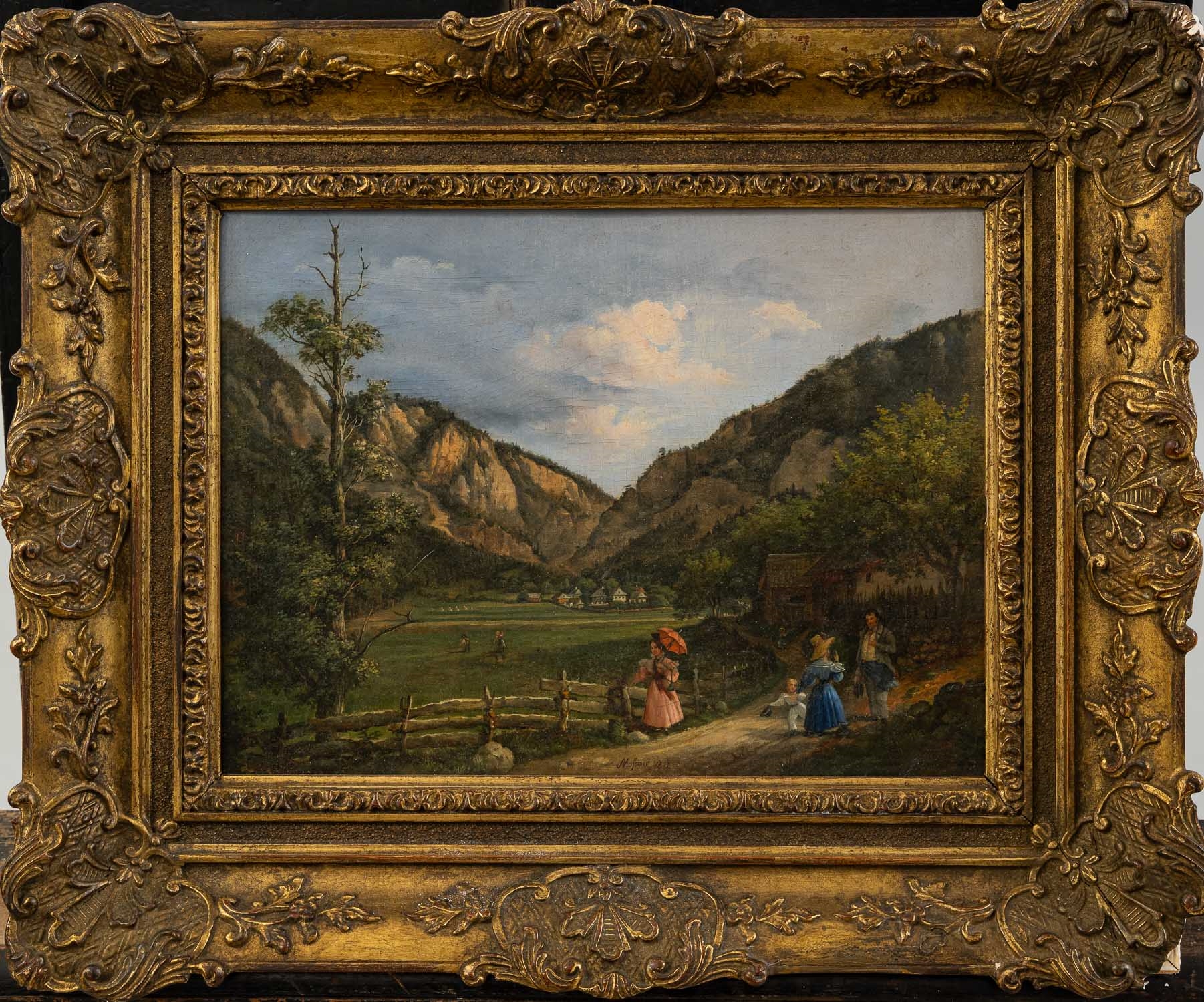 Artwork by Joseph Moessmer, landscape with peasants in Lower Austria, Made of oil on board