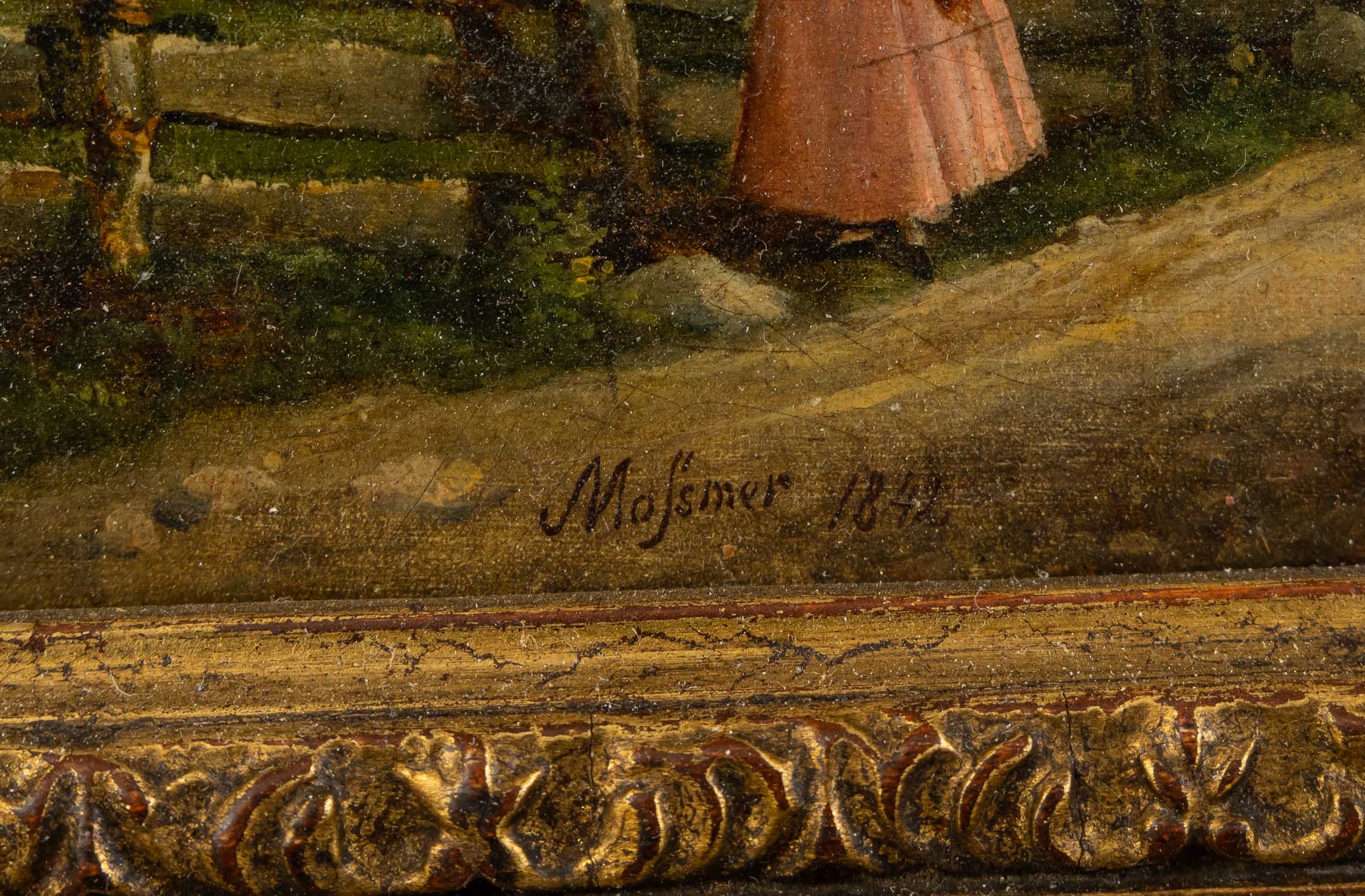 Artwork by Joseph Moessmer, landscape with peasants in Lower Austria, Made of oil on board