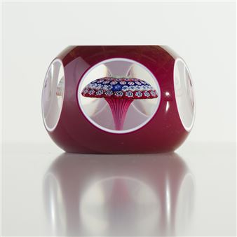 Red Millefiori Mushroom Overlay Faceted Paperweight - Saint-Louis