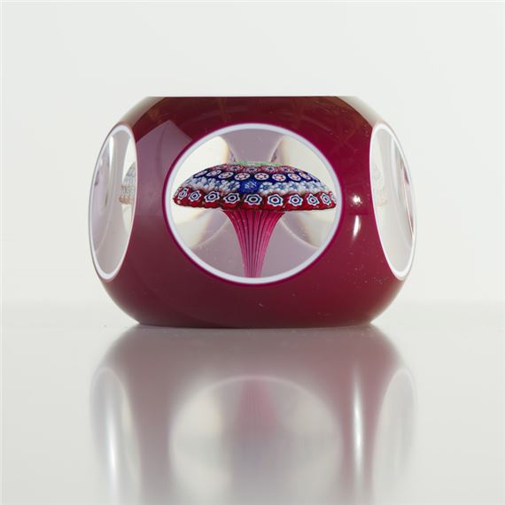 Red Millefiori Mushroom Overlay Faceted Paperweight - Saint-Louis