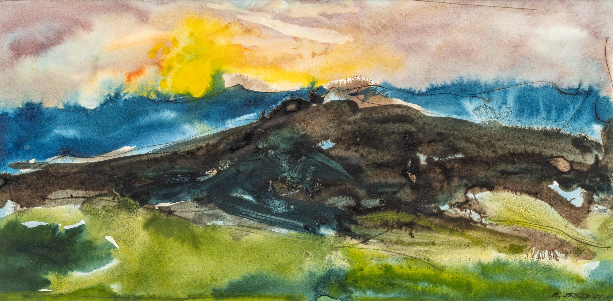 Richard Jerzy (American, 1943-2001) Watercolor on Paper, Landscape at Dusk, 1971, H 5.5" W 11.25 by Richard Jerzy, 1971