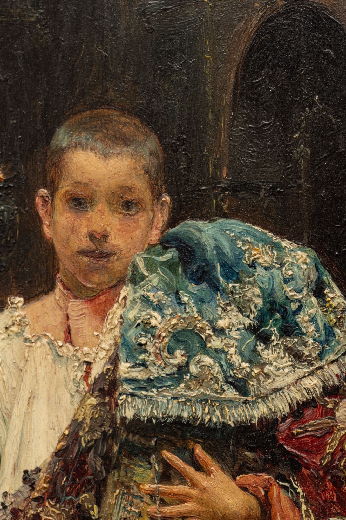 Artwork by José Gallegos y Arnosa, Jose Gallegos Y Arnosa (Spanish, 1857-1917) Oil on Panel, 1886, "Altar Boy Holding Antependium", H 9.5" W 6.75, Made of Oil on Panel