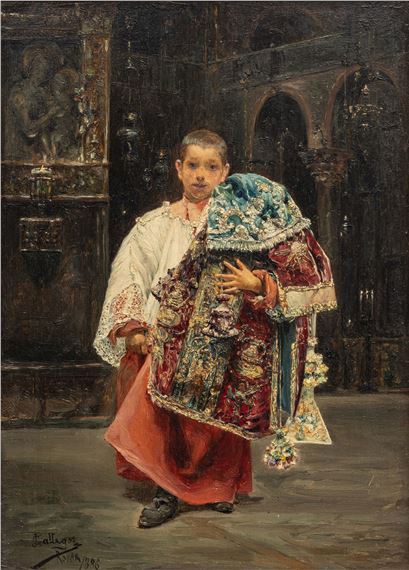 Jose Gallegos Y Arnosa (Spanish, 1857-1917) Oil on Panel, 1886, "Altar Boy Holding Antependium", H 9.5" W 6.75 by José Gallegos y Arnosa, 1886