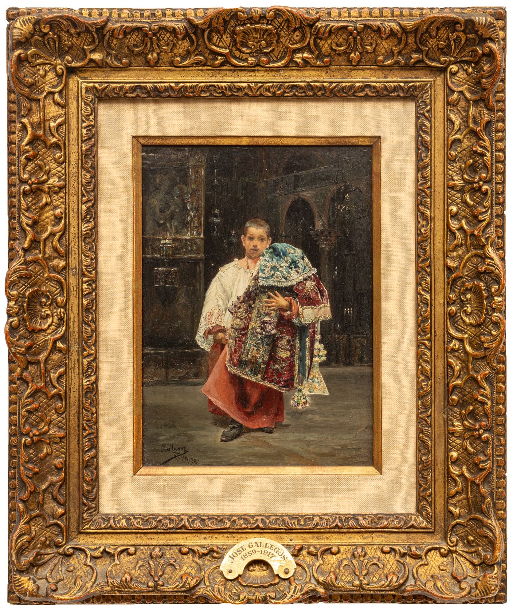 Artwork by José Gallegos y Arnosa, Jose Gallegos Y Arnosa (Spanish, 1857-1917) Oil on Panel, 1886, "Altar Boy Holding Antependium", H 9.5" W 6.75, Made of Oil on Panel