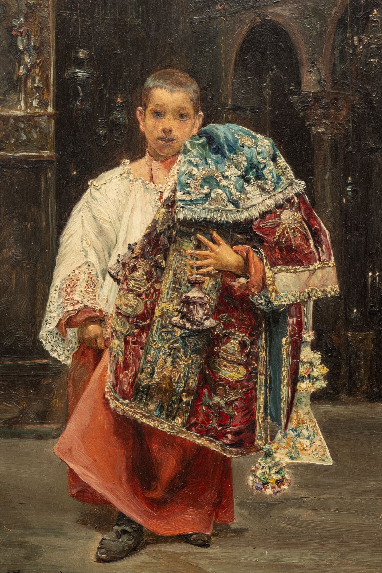 Artwork by José Gallegos y Arnosa, Jose Gallegos Y Arnosa (Spanish, 1857-1917) Oil on Panel, 1886, "Altar Boy Holding Antependium", H 9.5" W 6.75, Made of Oil on Panel