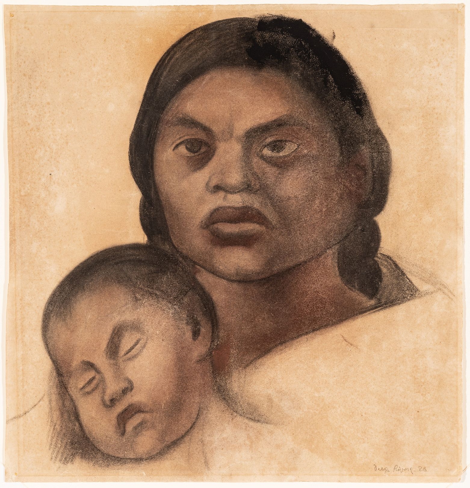 Diego Rivera (Mexican, 1886-1957) Charcoal And Pastel on Paper, 1926, "Mother And Child", H 18.8" W 17.9 - Diego Rivera