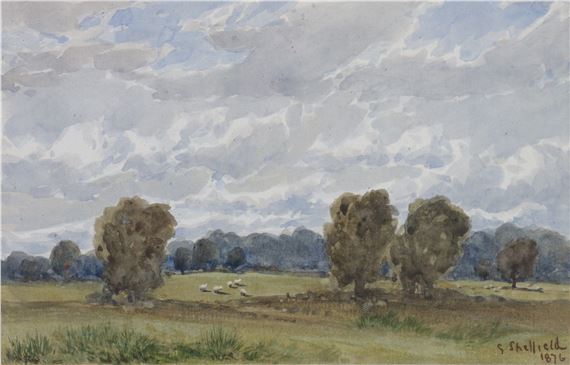 A rural landscape with sheep in a glade by George Sheffield, 1876
