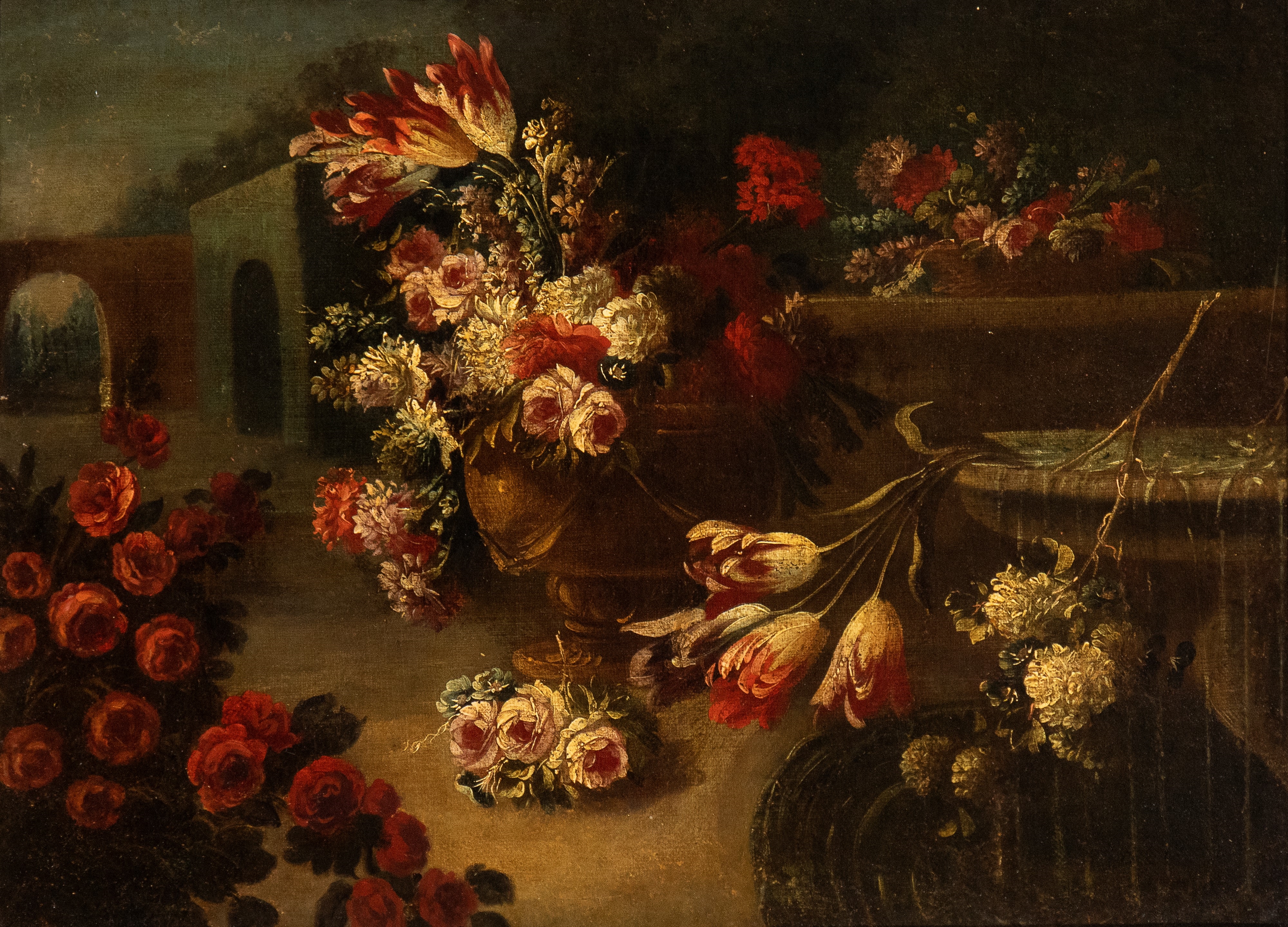 Artwork by Neapolitan School, 18th Century, Still life of roses, tulips and chrysanthemums, Made of Oil on canvas