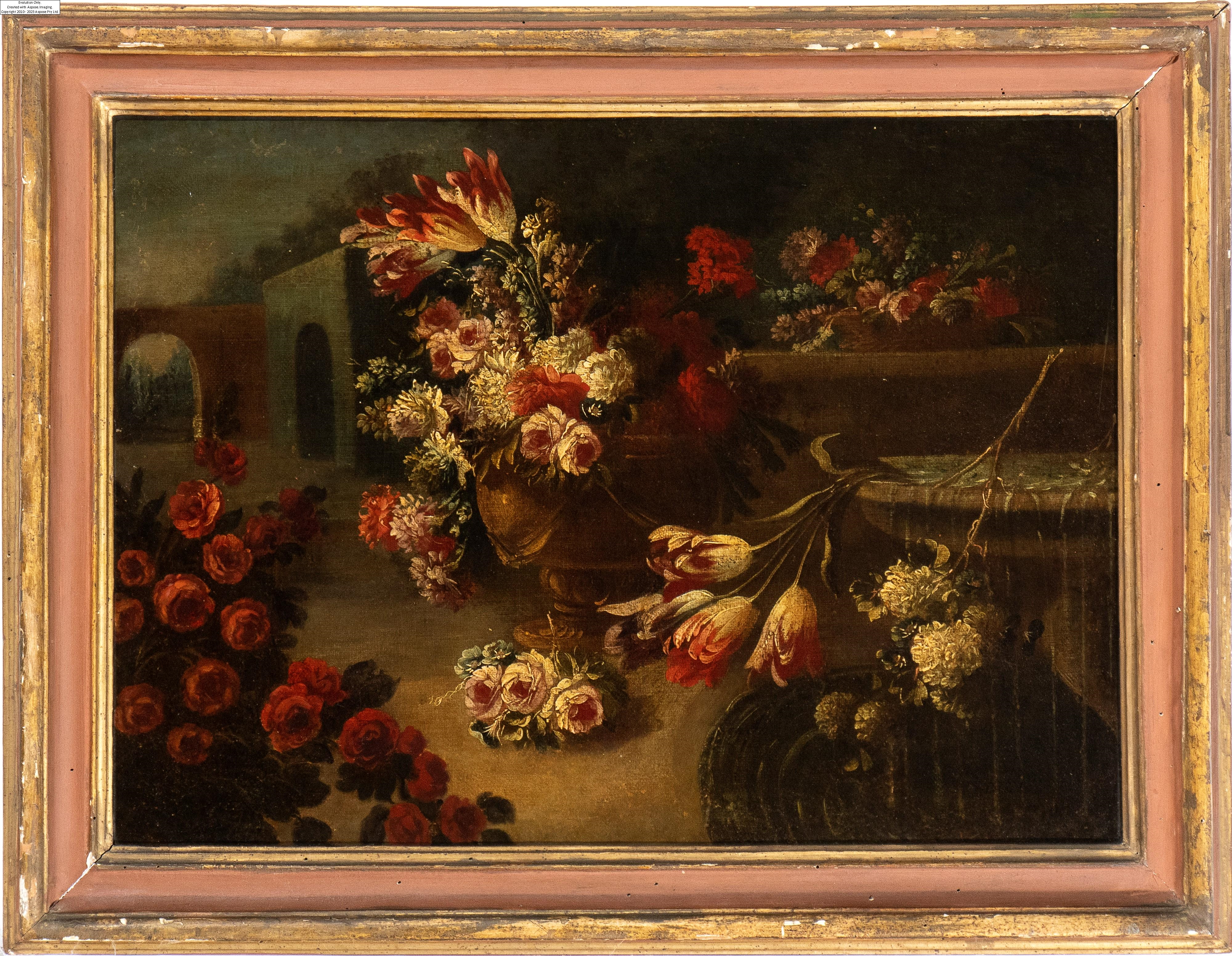 Artwork by Neapolitan School, 18th Century, Still life of roses, tulips and chrysanthemums, Made of Oil on canvas