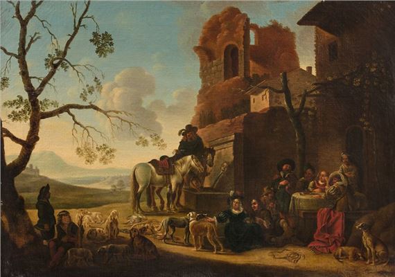 ROMAN SCHOOL of the late 17th century, in the style of Anton GOUBAU (1616-1698) Banquet scene with horsemen and shepherds in ruins Oil on canvas. 59 x 85 cm by Roman School, 17th Century, Antoni Goubau, late 17th century