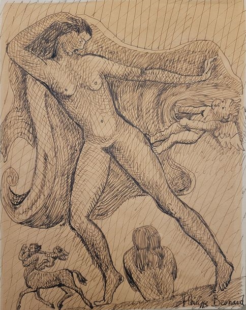 Artwork by Phillipe Besnard, Philippe BESNARD (1885-1971) The Recalcitrant Donkey, 1946 Ink drawing, signed and dated lower right. 21 x 26 cm Study of a sculpture Brown ink drawing, signed lower right. 26 x 20 cm The two drawings, Made of Ink drawing