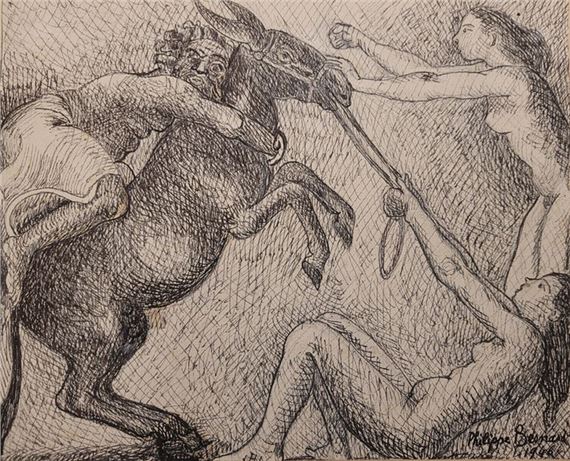 Philippe BESNARD (1885-1971) The Recalcitrant Donkey, 1946 Ink drawing, signed and dated lower right. 21 x 26 cm Study of a sculpture Brown ink drawing, signed lower right. 26 x 20 cm The two drawings