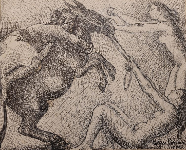 Artwork by Phillipe Besnard, Philippe BESNARD (1885-1971) The Recalcitrant Donkey, 1946 Ink drawing, signed and dated lower right. 21 x 26 cm Study of a sculpture Brown ink drawing, signed lower right. 26 x 20 cm The two drawings, Made of Ink drawing