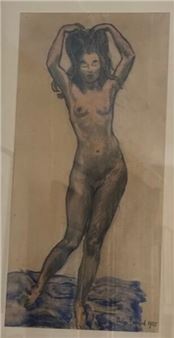 Philippe BESNARD (1885-1971) Standing Nude Model with Blue Carpet, 1928 Mixed media on paper, signed and dated lower right. 54 x 26 cm Seated nude model Charcoal drawing enhanced with white chalk and pastel, signed with initials upper right. 59 x 62 cm (Accidents). The two drawings - Phillipe Besnard