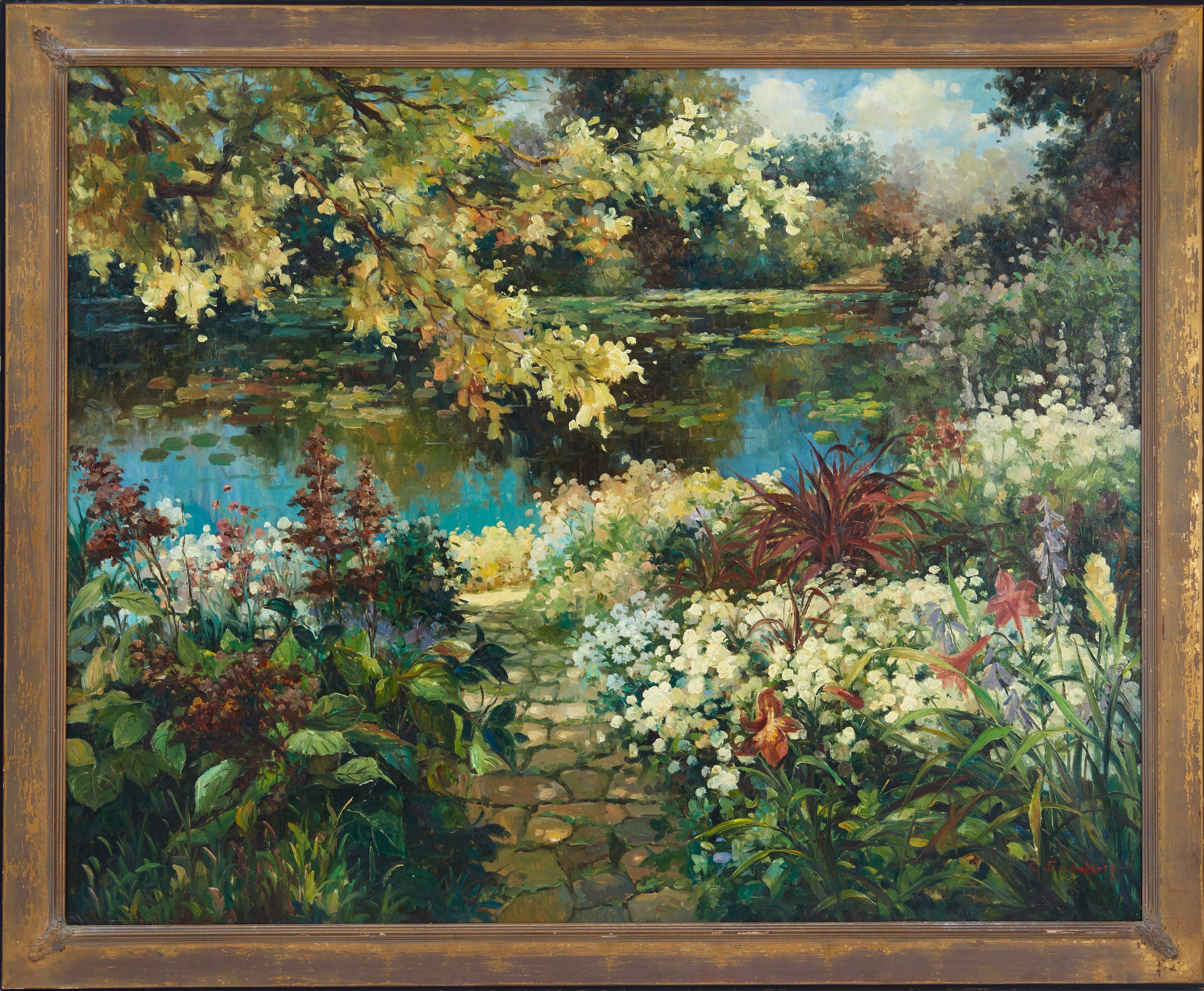 SUMMER LANDSCAPE WITH A POND AND A GARDEN PATH by Continental School, 20th Century, 20TH CENTURY