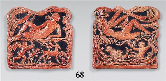 Philippe BESNARD (1885-1971) Allegory of hunting and fishing Two plates, glazed ceramic relief, signed. 16 x 17 cm