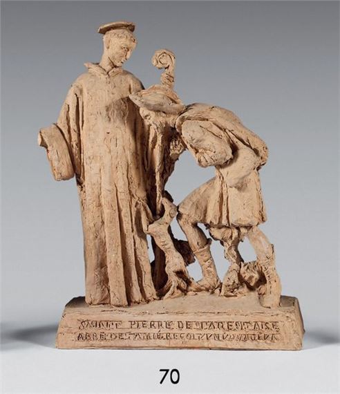 Philippe BESNARD (1885-1971) Saint Pierre de Tarentaise, Abbé de Tamié receives a traveler, 1947 Original terracotta, signed, dated and titled. Height: 30 cm by Phillipe Besnard, 1947