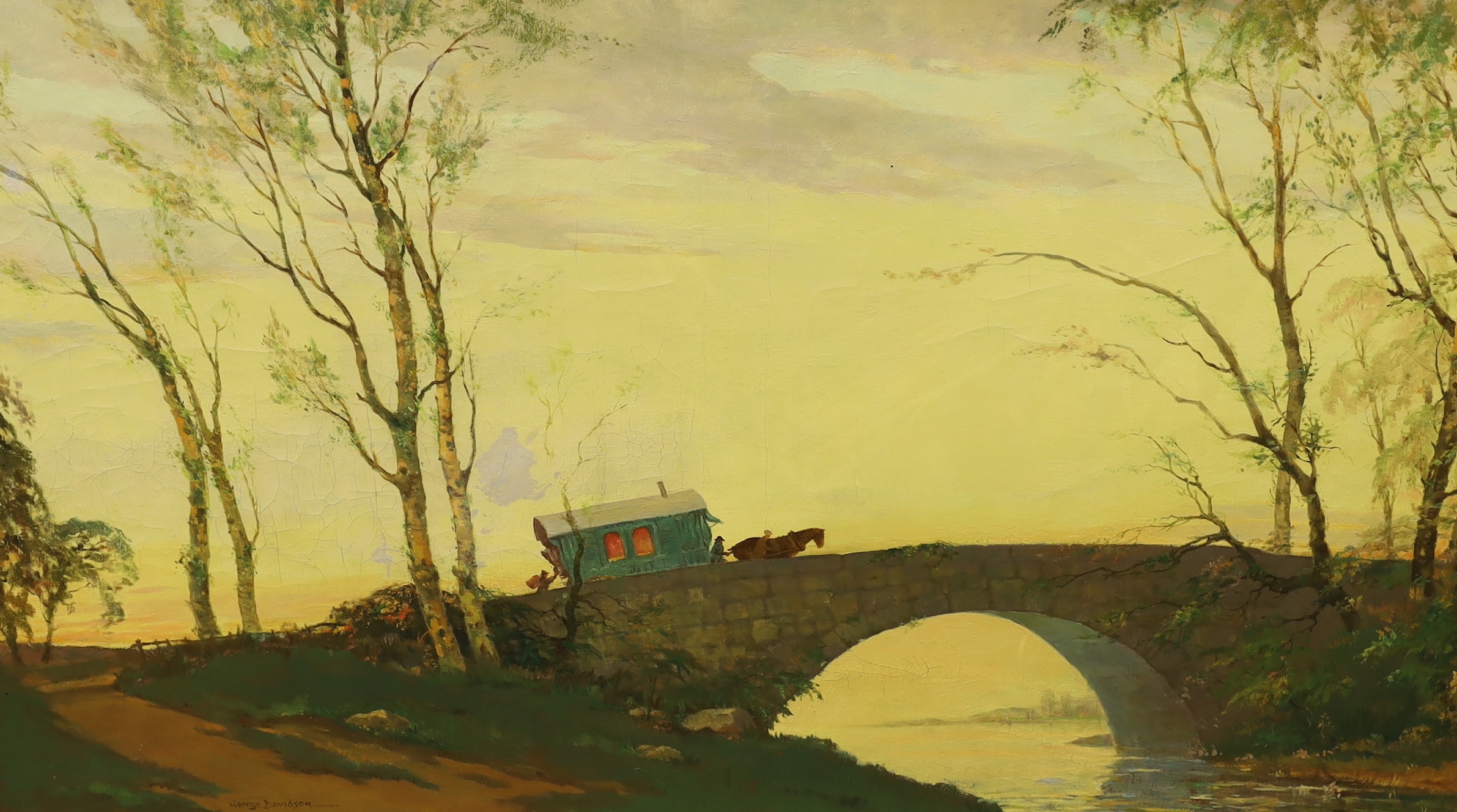 George Davidson | Gypsy wagon and figures crossing a bridge | MutualArt