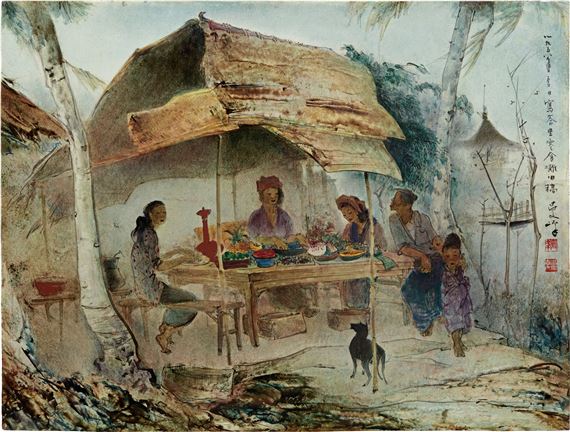 Snack stall in Bali by Lee Man Fong, Executed in 1956