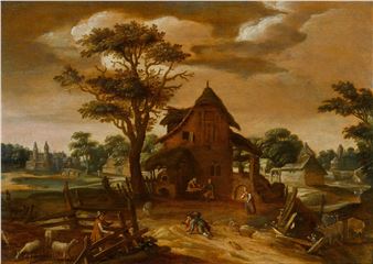 A landscape with figures and animals by farm buildings - Johannes Urselincx