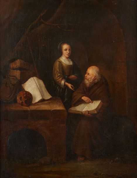 Attributed to Quiringh Gerritsz. van BREKELENKAM (1622 - 1668) Young woman near a hermit Canvas Size: 59.5 x 47.5 cm - Quirijn van Brekelenkam