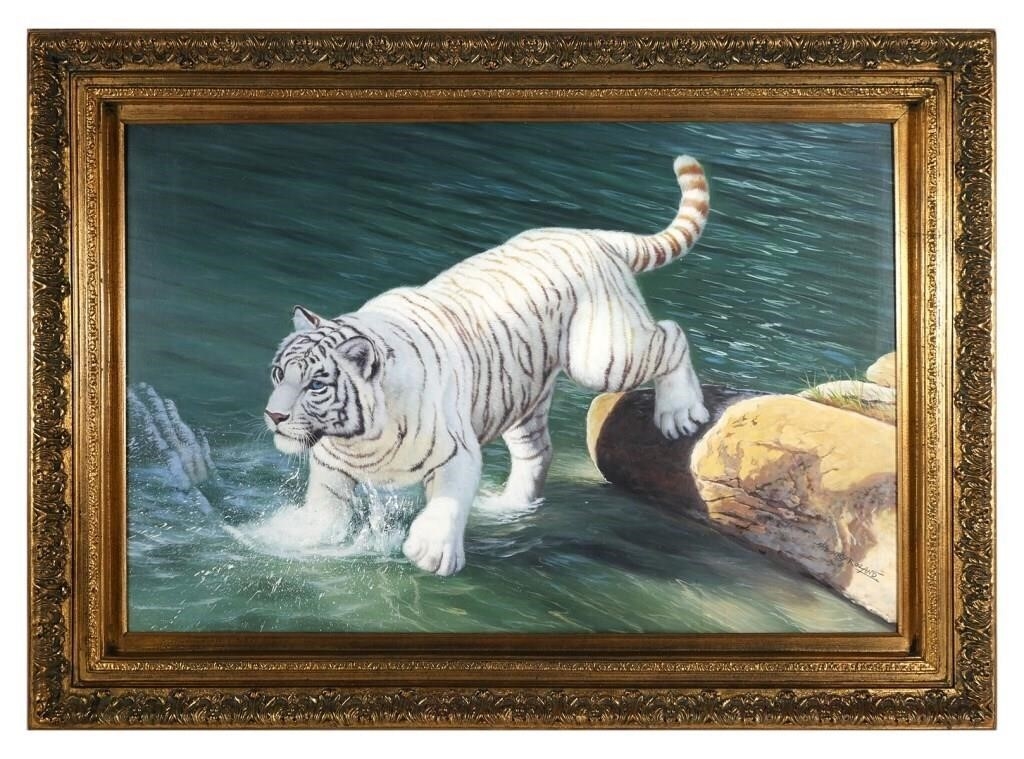 Henry Roland | Oil on canvas painting of a white tiger entering the ...