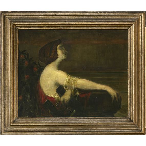 Muse mit Harfe vor Küstenlandschaft by Adolf Frey-Moock