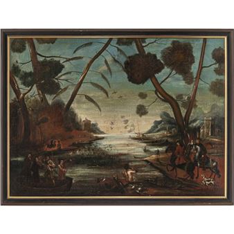 Jagdgesellschaft vor Flusslandschaft - Czech School, 18th Century