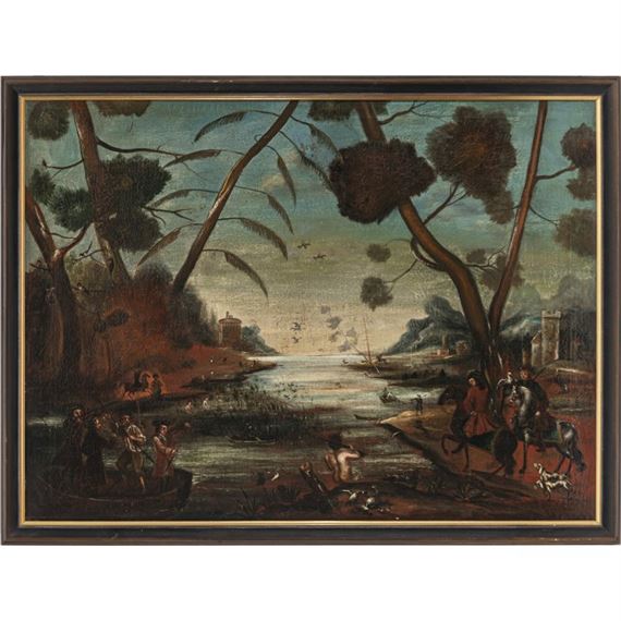 Jagdgesellschaft vor Flusslandschaft - Czech School, 18th Century