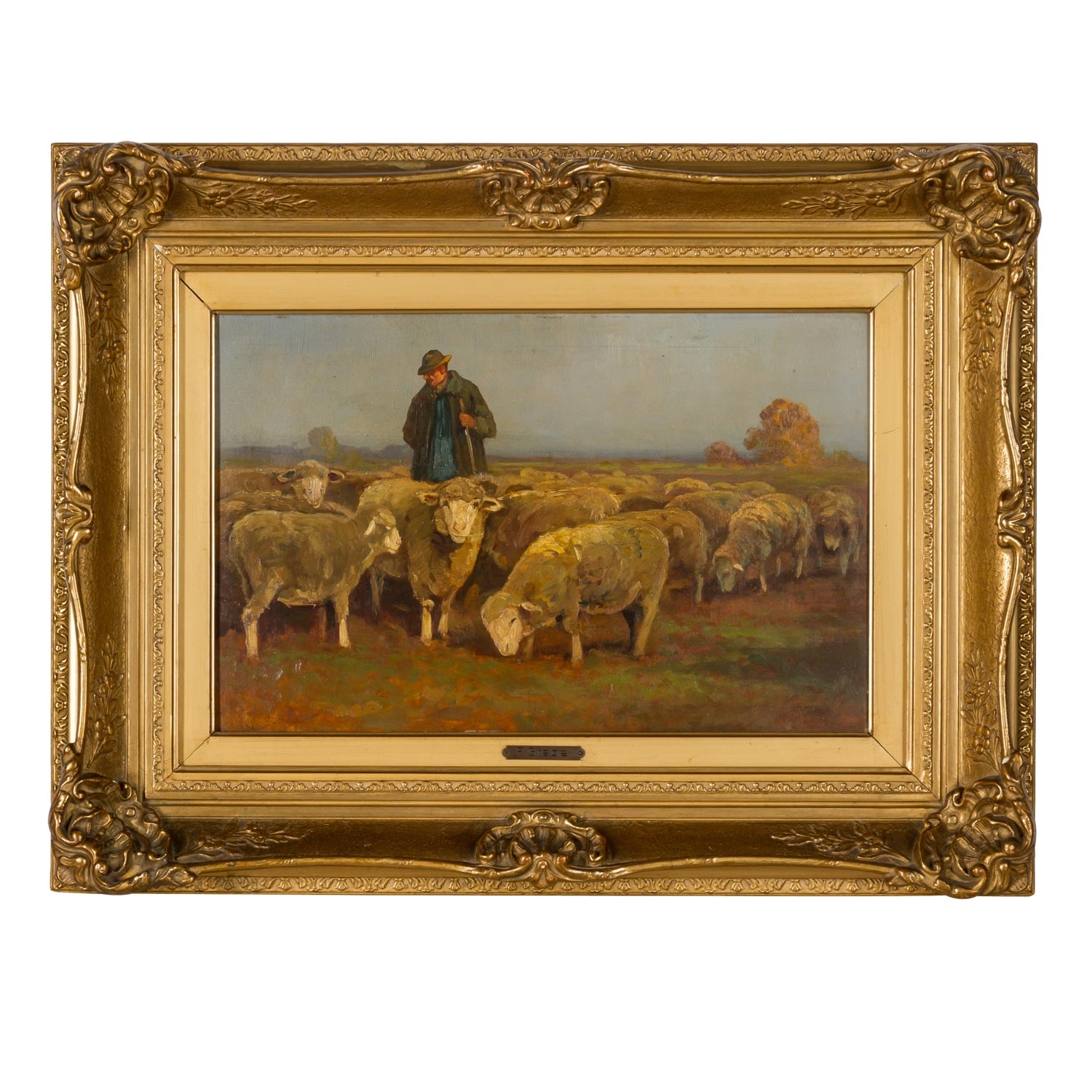 Artwork by Fritz Grebe, GREBE, Friedrich, ATTRIBUIERT (F. G.: 1850x1925), "Schäfer mit seiner Herde in Heidelandschaft, Made of oil/wood