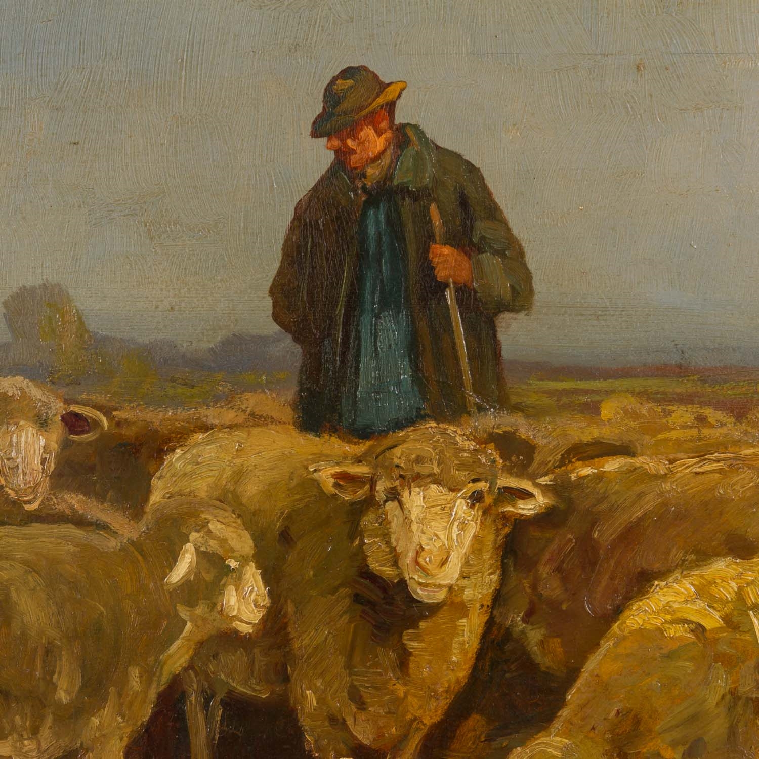 Artwork by Fritz Grebe, GREBE, Friedrich, ATTRIBUIERT (F. G.: 1850x1925), "Schäfer mit seiner Herde in Heidelandschaft, Made of oil/wood