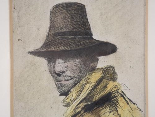 Artwork by Carlos Vázquez, PORTRAIT OF A MAN WITH A HAT, Made of Ink and watercolour on paper