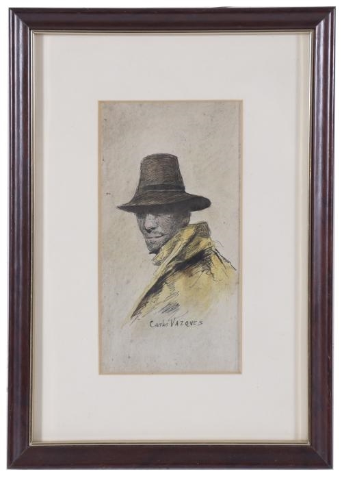 Artwork by Carlos Vázquez, PORTRAIT OF A MAN WITH A HAT, Made of Ink and watercolour on paper
