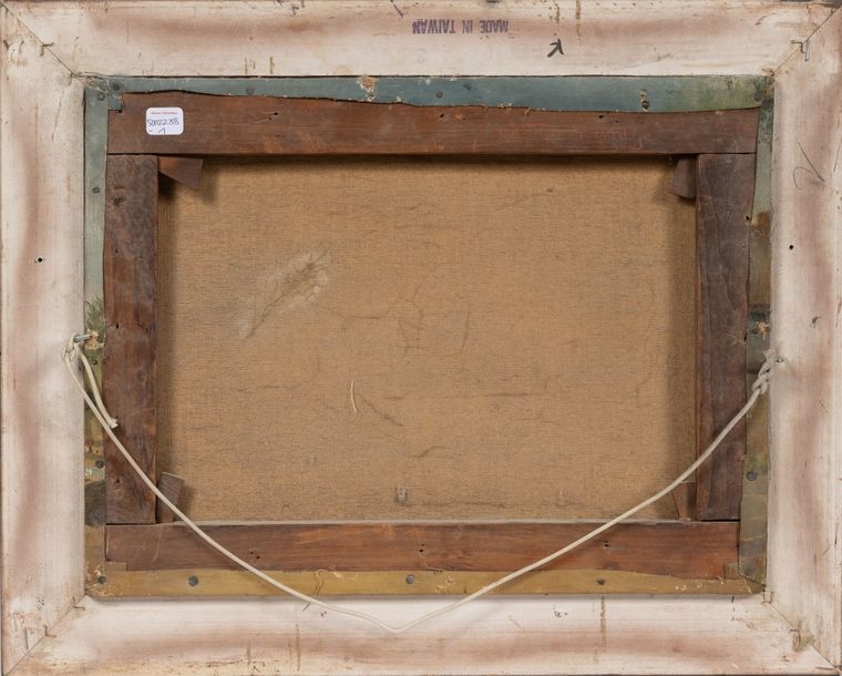 Artwork by Grace PARSONS , Paysage fluvial animé d'un bateau à sec et d'un homme. Huile sur toile. Signée en bas à gauche, Made of oil on canvas