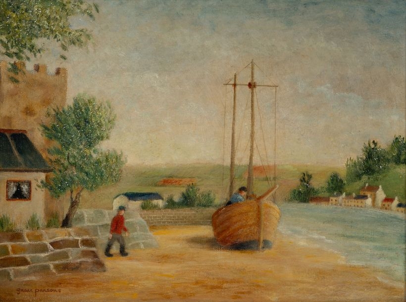 Artwork by Grace PARSONS , Paysage fluvial animé d'un bateau à sec et d'un homme. Huile sur toile. Signée en bas à gauche, Made of oil on canvas