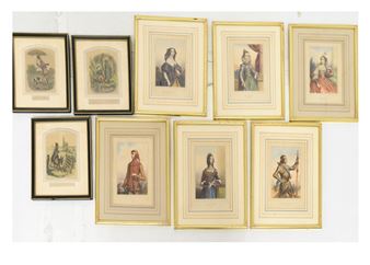 Six framed coloured engravings of European royalty including Béatrix de Portugal - Marie Amélie Francoise Hélène d'Orleans
