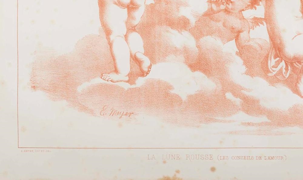 Artwork by E. Meyer, Segundo E. Meyer editada por Ch. Claesen, Paris, litografia sobre papel, intitulada "La lune rousse". Muito manchada e papel amarelado. Emoldurada (defeitos, Made of lithograph on paper