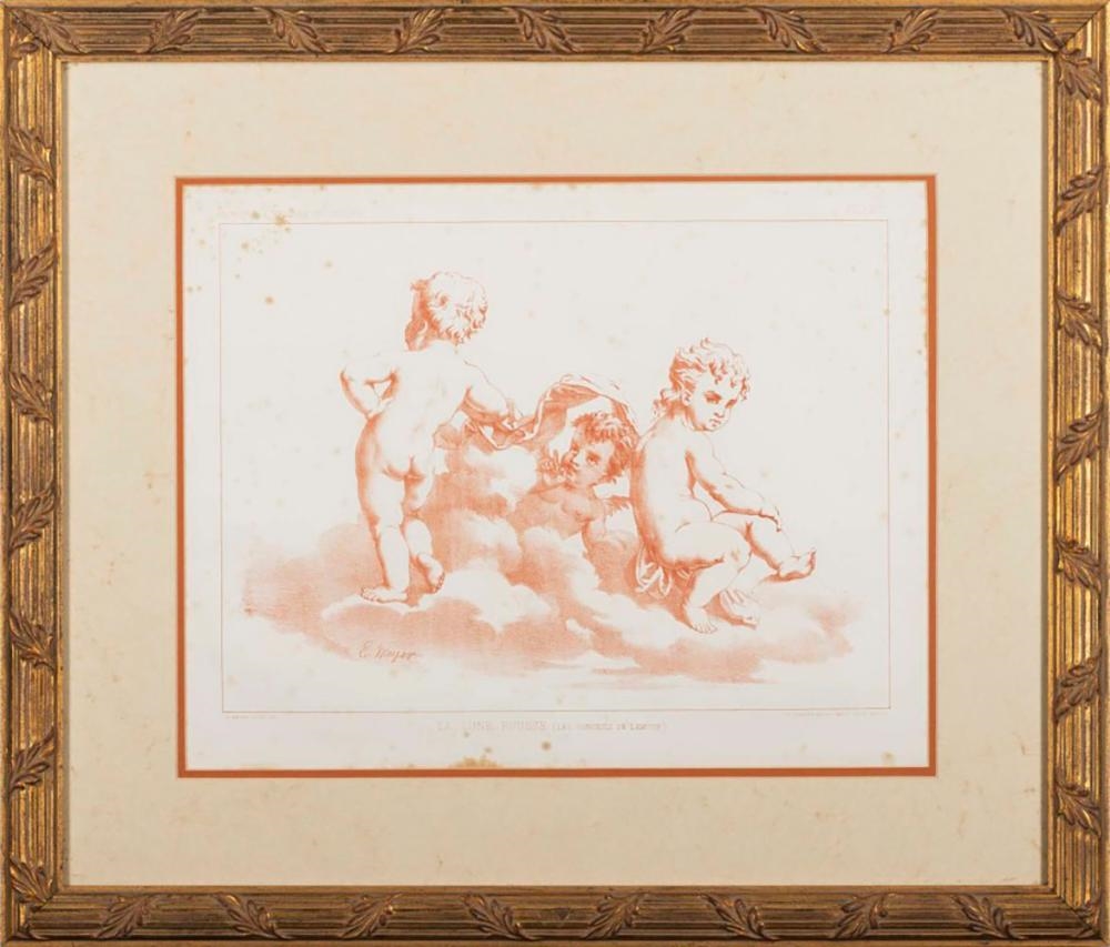 Artwork by E. Meyer, Segundo E. Meyer editada por Ch. Claesen, Paris, litografia sobre papel, intitulada "La lune rousse". Muito manchada e papel amarelado. Emoldurada (defeitos, Made of lithograph on paper