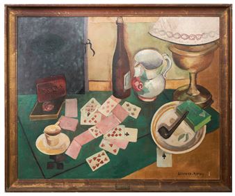 Still life with playing cards and pipe - Lesourd-matry