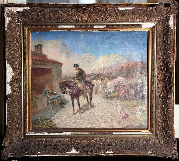 Pierre Auguste Brunet Houard, hussard in a village, oil on canvas signed lower right. Frame damaged. Restoration, label on back. H - Pierre-Auguste Brunet-Houard
