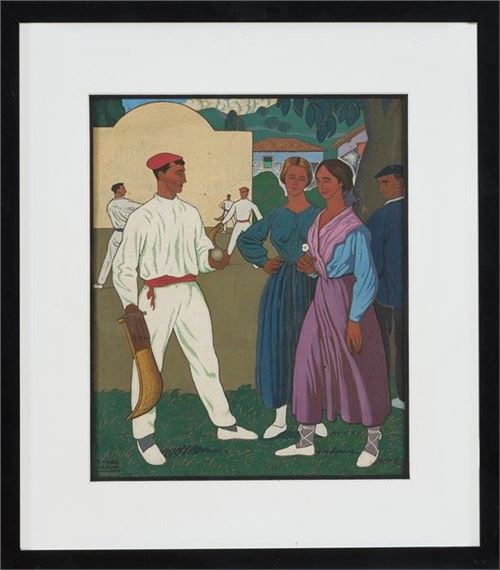 Ramiro Arrue | Pelotari et jeunes femmes au fronton | MutualArt