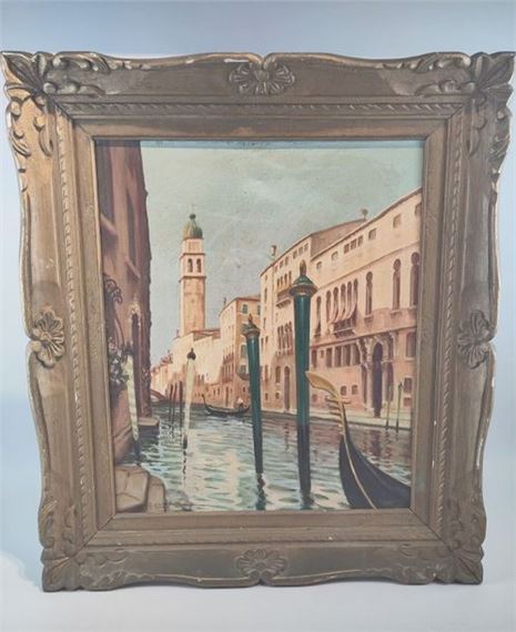 A framed watercolor painting of a canal city scene with gondolas and historic buildings.