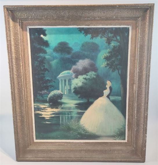 A romantic scene of a couple in formal wear embracing by a lake, framed in ornate wood.