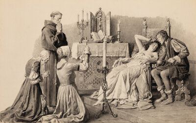 Geo Matteo Curing the Daughter of Amadei, probable Britannia & Eve Magazine interior by Fortunino Matania, circa 1915-1925