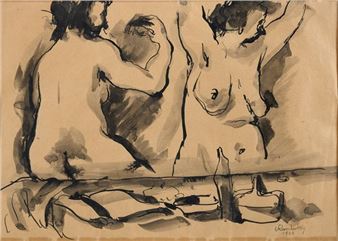 A sketch of two nude figures in a dynamic pose.
