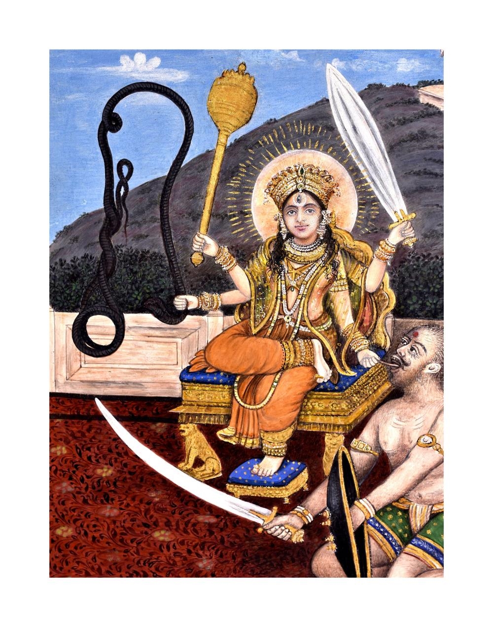 Indian School, 19th Century | DEVU SEATED ON A GOLDEN THRONE WITH A ...