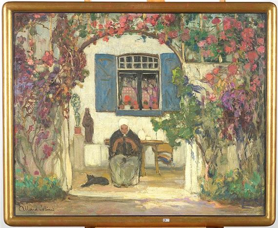 Femme tricotant dans une cour fleurie by Fernand Allard L'Olivier