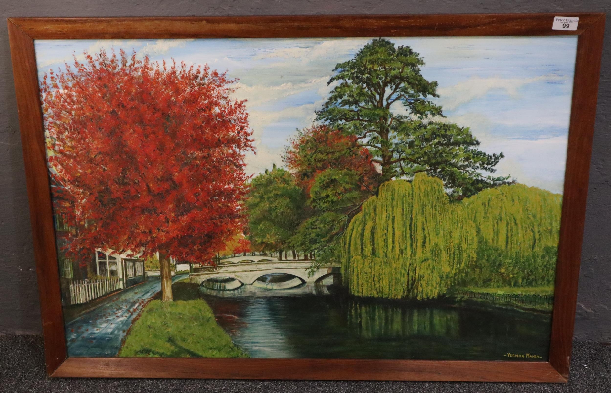 Artwork by Vernon Maher, river scene with bridges and trees, Made of Oils on board