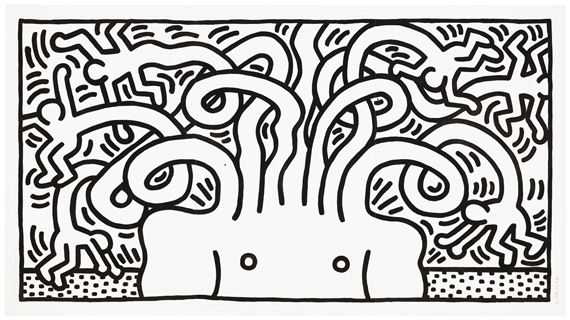 A black-and-white line drawing of a stylized face with swirling hair and dotted ground.